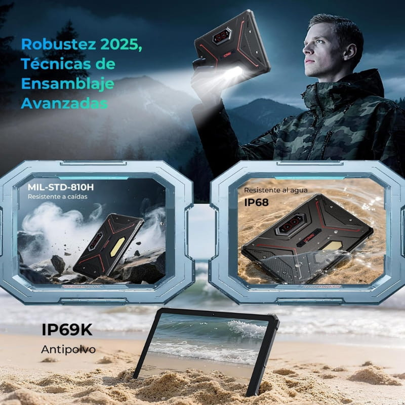 Hotwav R9 Ultra 11" rojo rugerizado; cuerpo robusto con esquinas reforzadas, cámara trasera triple, sellos IP68/IP69K y certificación MIL-STD-810H